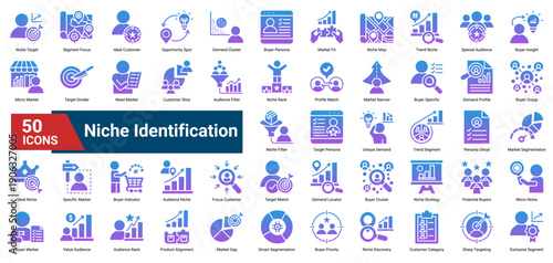 A collection of Niche Identification icons, containing niche targeting, customer focus, segmentation details, audience mapping, and ideal customer discovery. Perfect for business positioning, market s