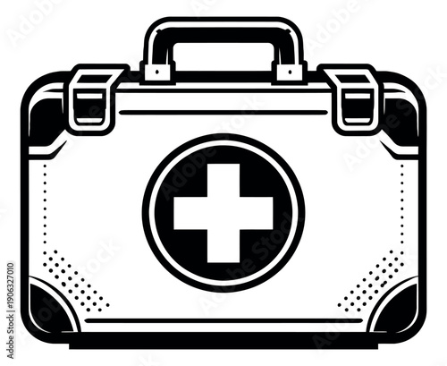 Line art illustration of a first aid kit depicting medical treatment and care for emergencies