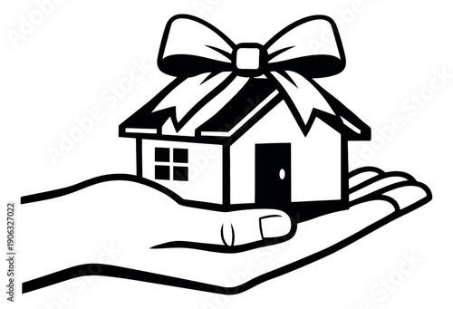 Line art illustration of a house with a bow held in a hand depicting a gift for home ownership