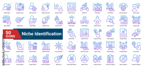 A collection of Niche Identification icons, containing niche targeting, customer focus, segmentation details, audience mapping, and ideal customer discovery. Perfect for business positioning, market s