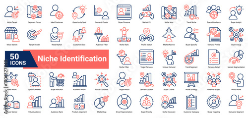 A collection of Niche Identification icons, containing niche targeting, customer focus, segmentation details, audience mapping, and ideal customer discovery. Perfect for business positioning, market s