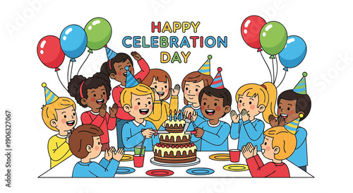 Happy Celebration Day vector illustration of diverse children with birthday cake and balloons, party hats, for banner or poster