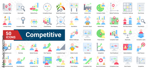 A collection of Competitive icons, containing rival analysis, market positioning, benchmarking, threat monitoring, and competitive dynamics. Ideal for market intelligence, strategy planning, and compe
