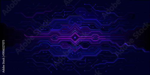 Abstract digital circuit board with glowing purple and blue lines