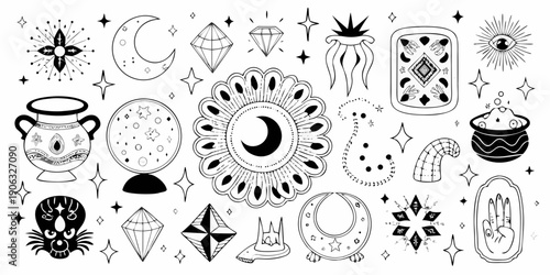 Mystical collection of occult symbols and celestial elements in black and white