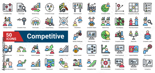A collection of Competitive icons, containing rival analysis, market positioning, benchmarking, threat monitoring, and competitive dynamics. Ideal for market intelligence, strategy planning, and compe