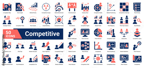 A collection of Competitive icons, containing rival analysis, market positioning, benchmarking, threat monitoring, and competitive dynamics. Ideal for market intelligence, strategy planning, and compe