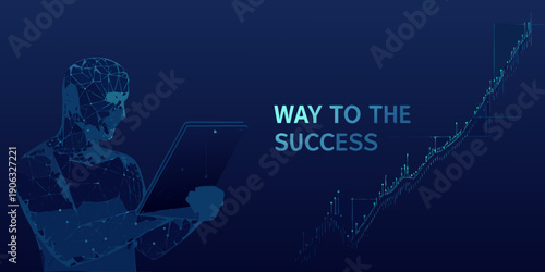 Digital human using a laptop with a growing chart representing success