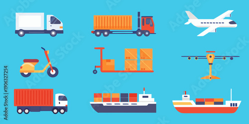 Various modes of transport illustrated in a flat colorful vector style