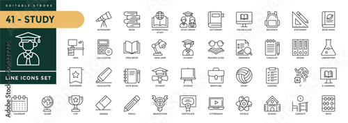 A collection of Study icons set with editable stroke, including Book, Pen, Eraser, Tablet, Blackboard, Classroom, senior, Pencil, School Bag, and Notebook. Thin linear vector illustration