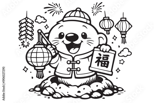 A playful vector artwork showing a cute zodiac rat celebrating Lunar festival with festive decorations, expressing Chinese tradition, prosperity symbolism, happiness, and cultural holiday spirit.