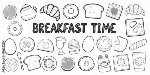 A collection of hand drawn breakfast foods and related items in black and white