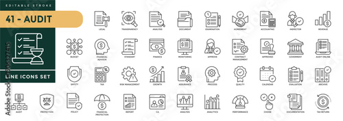 A collection of Audit icons set with editable stroke, including inspection, documentation, verification, result, marketing analysis, auditor, checkmark. Thin linear vector illustration