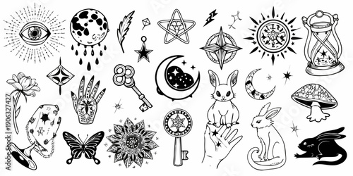 Collection of mystical and celestial black and white line art illustrations