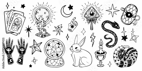 Mystical collection of tarot celestial and occult imagery in black and white