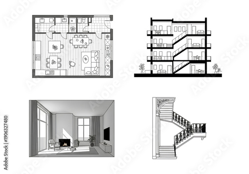 Architectural Design Floor Plan Section Interior View and Staircase Detail.