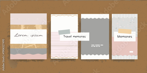 Four rectangular decorative cards with text and abstract designs