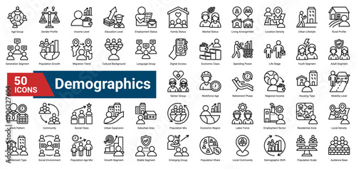 A collection of Demographic icons, containing population attributes, social structure, economic levels, age groups, and lifestyle patterns. Ideal for market analysis, audience profiling.