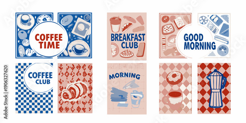 Collection of colorful illustrated breakfast and coffee themed social media posts