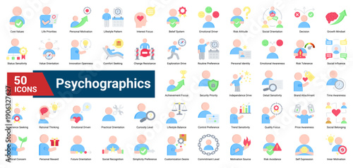 A collection of Demographic icons, containing population attributes, social structure, economic levels, age groups, and lifestyle patterns. Ideal for market analysis, audience profiling.
