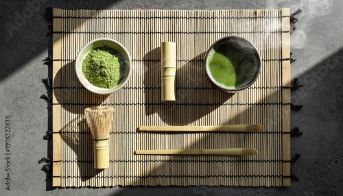 Authentic Japanese Matcha Tea Ceremony Set on Bamboo Mat, Top View