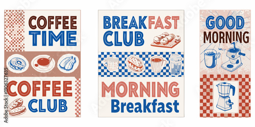 Retro style banners with coffee breakfast and morning themed illustrations
