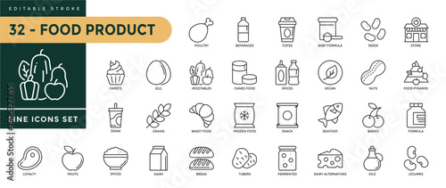 A collection of Food Product icons set with editable stroke . Thin linear vector illustration
