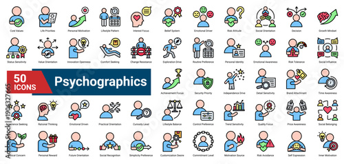 A collection of Demographic icons, containing population attributes, social structure, economic levels, age groups, and lifestyle patterns. Ideal for market analysis, audience profiling.