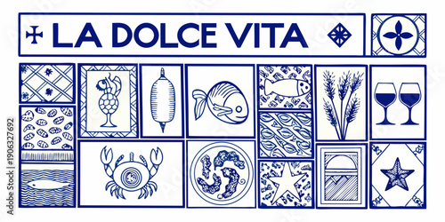 La Dolce Vita tile pattern with food marine life and decorative motifs
