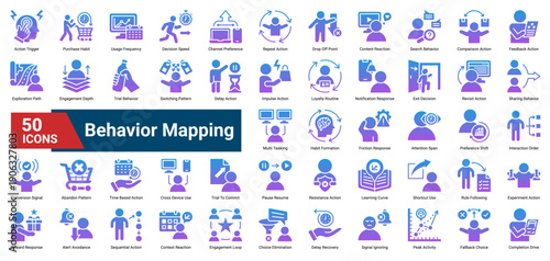 A collection of Behavior Mapping icons. Containing user actions, decision patterns, engagement flow, and behavioral signals. Ideal for UX research, product analytics, customer journey mapping.