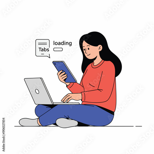 A cartoon woman sits cross-legged using a laptop and phone