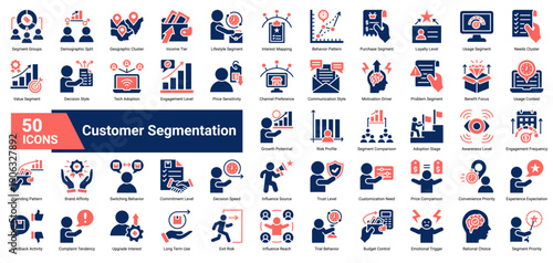 A collection of Customer Segmentation icons. Containing audience grouping, demographic analysis, behavioral clusters, and market profiling elements. Ideal for marketing strategy, business analysis.