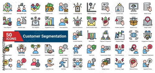 A collection of Customer Segmentation icons. Containing audience grouping, demographic analysis, behavioral clusters, and market profiling elements. Ideal for marketing strategy, business analysis.