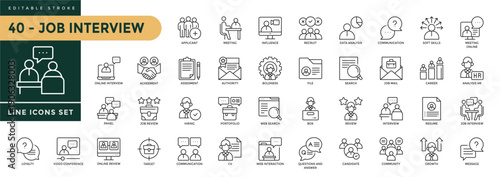 A collection of Job Interview icons set with editable stroke, including candidate, hiring, recruitment, Feedback, resource, hr, cv,  resume, collection, recruit, hire. Thin linear vector illustration
