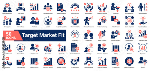 A collection of Target Market Fit icons. Containing alignment metrics, audience validation, solution matching, and growth indicators. Ideal for product positioning, market analysis.