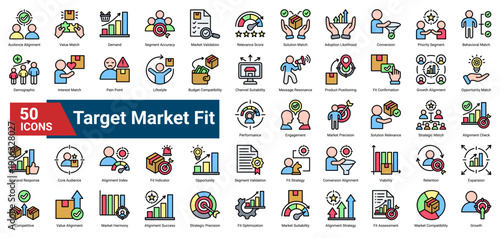 A collection of Target Market Fit icons. Containing alignment metrics, audience validation, solution matching, and growth indicators. Ideal for product positioning, market analysis.
