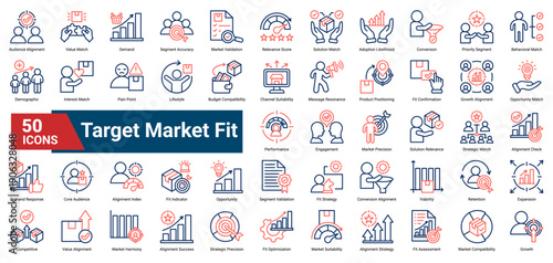 A collection of Target Market Fit icons. Containing alignment metrics, audience validation, solution matching, and growth indicators. Ideal for product positioning, market analysis.