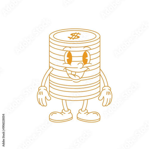 A cartoon stack of coins with a face smiles and stands on a white background