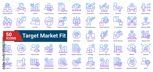 A collection of Target Market Fit icons. Containing alignment metrics, audience validation, solution matching, and growth indicators. Ideal for product positioning, market analysis.