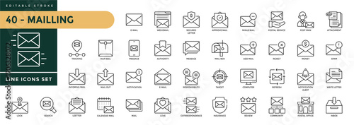  A collection of Mail icons set with editable stroke, including mail, mailbox, letter, send, receive, post office, e-mail, envelope, postal delivery. Thin linear vector illustration