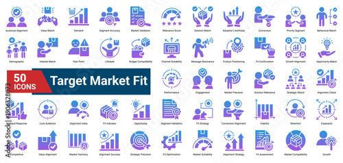 A collection of Target Market Fit icons. Containing alignment metrics, audience validation, solution matching, and growth indicators. Ideal for product positioning, market analysis.