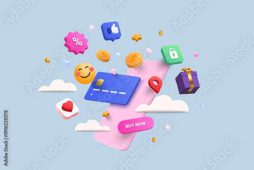 A vibrant 3d rendering showcases online shopping elements including a credit card icons and rewards