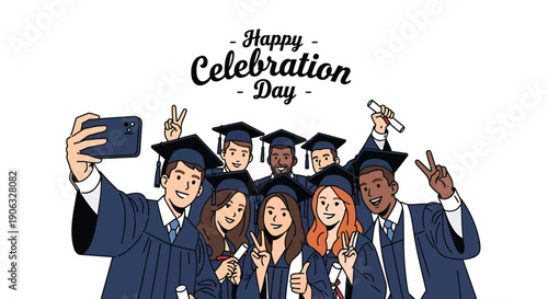 Graduation celebration day vector illustration, graduates in caps and gowns taking selfie, Happy Celebration Day text, for banner or poster