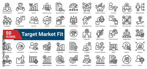 A collection of Target Market Fit icons. Containing alignment metrics, audience validation, solution matching, and growth indicators. Ideal for product positioning, market analysis.