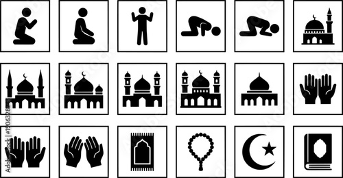Islamic prayer and mosque icon set for Ramadan and Eid celebration
