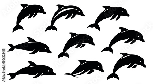 Stylized dolphin silhouette set featuring various jumping and swimming poses for ocean and aquatic themes