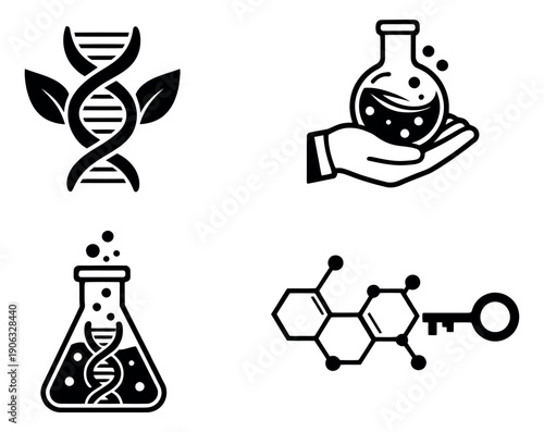 Solid icon science set featuring DNA structures, laboratory flasks, and a chemical key for research and innovation