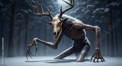 Sinister skeletal creature with antlers lurks in a dark, snow-covered forest