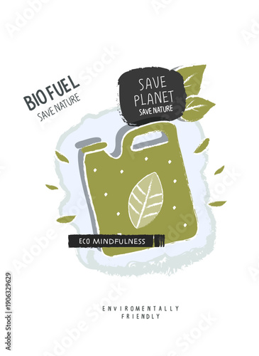 Vector hand drawn cartoon sketch canister of biofuel with green leaves. illustration of Environmentally friendly planet.Alternative biofuel renewable green energy concept. Sustainable lifestyle.