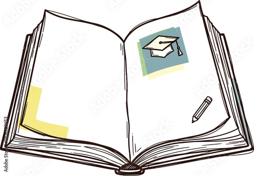 Open Book of Knowledge: A hand-drawn image of an open book symbolizing education and learning, complete with illustration on the page to emphasize concepts.